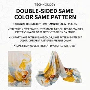 Elegant silk scarf with large floral patterns in vibrant blue and yellow tones