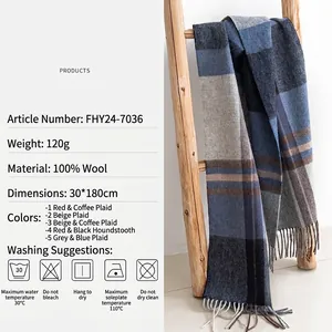 Elegant 100% wool plaid scarf for women, thick winter warm neck wrap with fringe