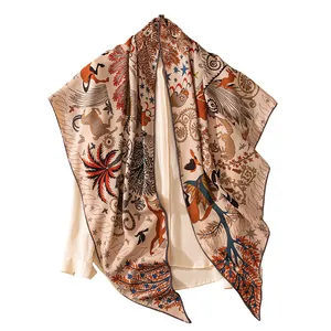 Elegant silk wool triangular scarf with vintage forest animal print for luxury styling