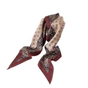 Elegant retro floral silk wool diamond scarf in burgundy and beige on white background