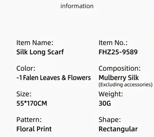Specifications for the long mulberry silk scarf with fallen leaves floral pattern