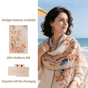 Women Luxury 100% Mulberry Silk Scarf Elegant Long Shawl Botanical Printed Scarf With Premium Gift Box Set For Teacher Mother Day Gift