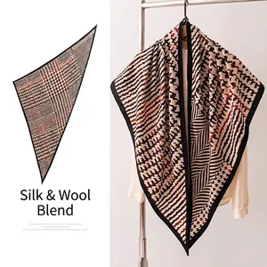 Retro Women Silk Wool Triangle Scarf Fashion Geometric Printed Shawl Elegant Large Warm Wrap Soft Pashmina Scarf
