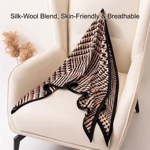 Elegant linear patterned silk wool triangle scarf shawl for women, soft and versatile