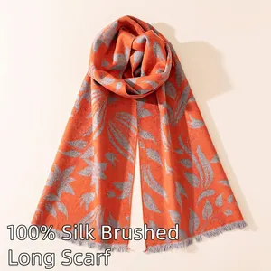 Elegant orange and grey floral pattern 100% brushed silk long scarf with fringe detail