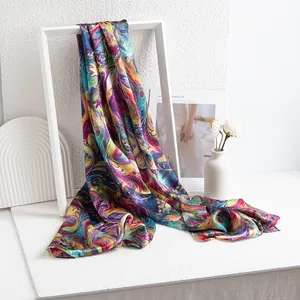 Vibrant mulberry silk scarf with colorful phoenix feather print for spring and summer