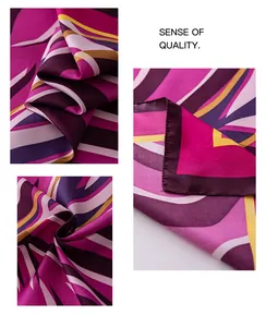 Close-up of geometric pattern and fine twill texture on 90cm square silk scarf.