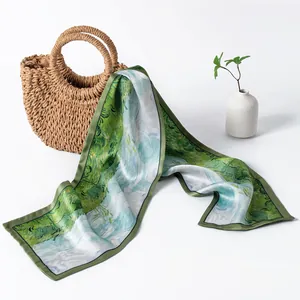Vintage Mulberry Silk Long Scarf Double Sided Printed Twilly Scarf For Women Retro Oil Painting Pattern Neck Scarf Bag Handle Wrap