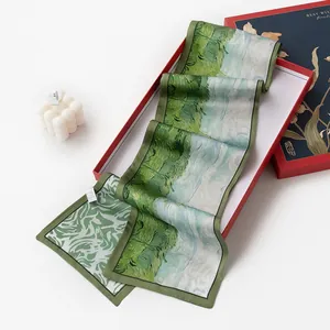Elegant retro double-sided silk long scarf with landscape painting print in a gift box.