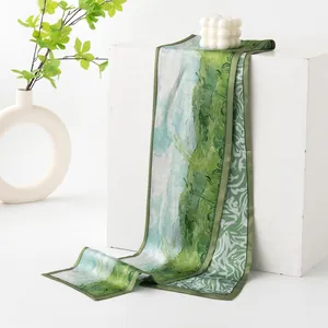 Artistic oil painting style silk skinny scarf with green landscape design