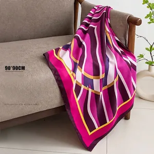 Women Large Silky Printed Square Scarf Polyester Wrap Ethnic Geometric Floral Pattern Soft Elegant Neck Head Kerchief