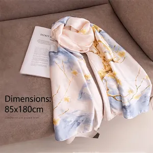 Women Vintage Floral Print Polyester Satin Scarf Elegant Sun Protection Shawl Wrap For Travel Daily Office Wear