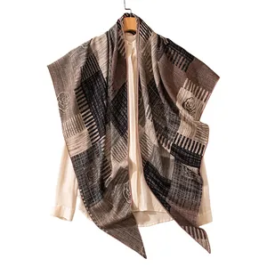 Elegant silk wool striped triangle scarf shawl with delicate rose embroidery detail