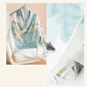 Elegant silk satin long scarf with floral print for sun protection and beach use