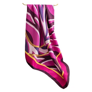 Large 90cm square silk scarf featuring vibrant purple and pink abstract ethnic patterns
