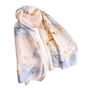 Elegant silk scarf with vintage floral and blue ink landscape pattern, soft satin finish.