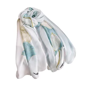Elegant silk satin long scarf with light blue lotus print for sun protection