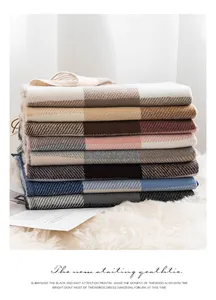 A stack of colorful plaid winter scarves made of soft imitation cashmere fabric details