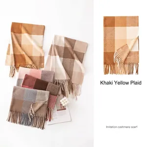 Stylish winter plaid imitation cashmere scarf with soft fringes in various warm colors