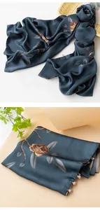 Detail view of luxury dark teal silk scarf with vintage rose floral print pattern