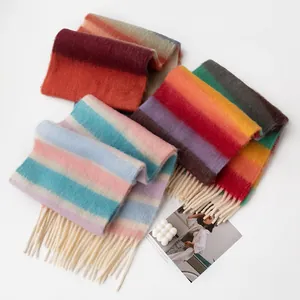 Women's Rainbow Striped Scarf Thick Warm Brushed Pashmina Shawl with Tassels Fashion Bohemian Winter Wraps Soft Polyester Neck Scarf