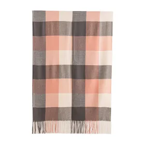 Soft checkered winter scarf featuring pink and grey plaid pattern with classic fringe