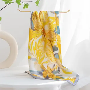 Elegant yellow floral print mulberry silk square scarf for women