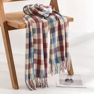 Écharpe Plaid Douce pour Femmes Hiver Style Coréen Cache-Cou Chaud Châle à Glands Épais Accessoires d'Hiver en Polyester
