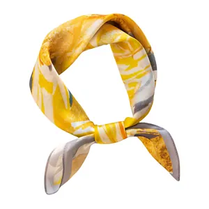 Elegant mulberry silk small square scarf with yellow floral abstract pattern design
