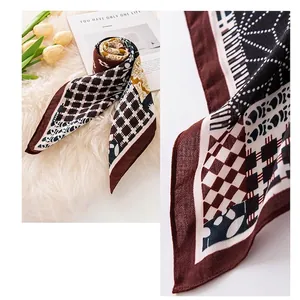 65cm Korean style cotton linen square scarf with pastoral floral and plaid patterns
