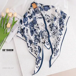 Women's Printed Triangle Scarf Polyester Imitation Silk Shawl Butterfly Rose Flower Pattern Headscarf Elegant Neck Wrap