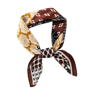 Elegant Korean style cotton linen square neck scarf with floral patchwork patterns