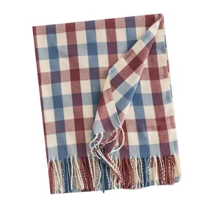 Écharpe à carreaux rouge et bleu, châle d'hiver chaud en imitation cachemire à franges