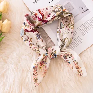 Women Artistic Beige Floral Bird Print Satin Square Scarf Lightweight Decorative Neck Scarf Elegant Office Small Foulard For Ladies