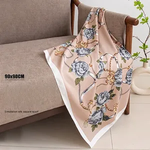 Pañuelo Cuadrado de Satén para Mujer Estilo Seda Estampado Floral Cadena Grande 90cm Hijab Chal Elegante Pañuelo para Cabeza para Mujer Accesorios Viaje