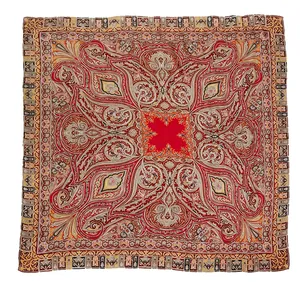Elegant mulberry silk square scarf with intricate red and gold paisley pattern
