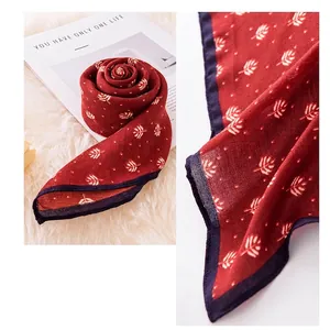 Elegant red cotton linen square scarf with white leaf pattern and navy blue trim for women
