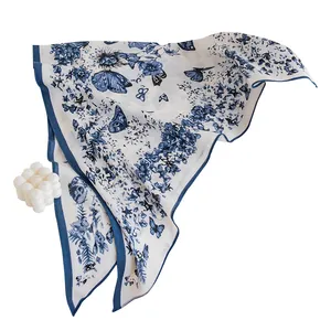 Elegant blue and white floral butterfly print triangular silk scarf for women's accessory