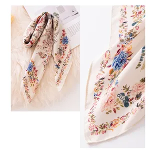 Elegant beige floral faux silk small square scarf featuring blue and pink floral print