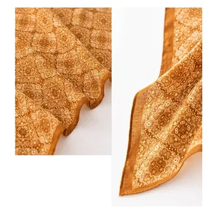 Retro brown cotton linen printed neck scarf with intricate vintage pattern detail 65cm