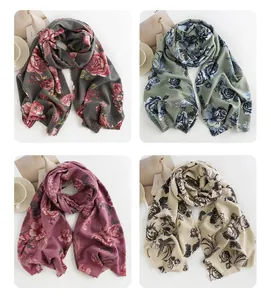 Elegant rose print faux cashmere scarves in multiple colors for autumn and winter