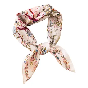 Elegant beige floral faux silk thin square neckerchief with artistic bird print