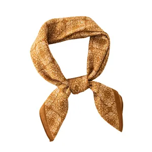 Vintage tawny brown paisley printed cotton linen square neckerchief scarf 65cm for women