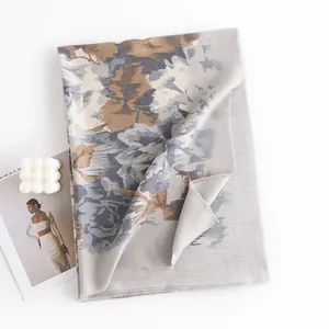 Elegant imitation cashmere scarf with grey and tan floral print for autumn and winter