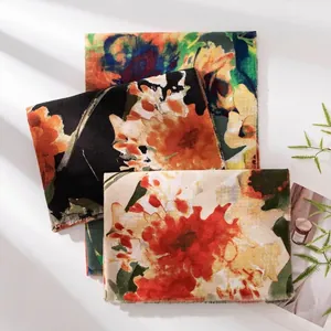 Women Elegant Polyester Scarf Imitation Cashmere Printed Shawl Retro Chinese Style Oil Painting Flower Pattern Pashmina Wrap
