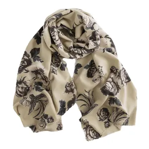 Elegant beige shawl with black rose floral print in soft imitation cashmere