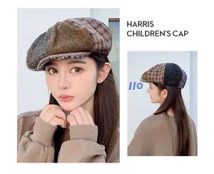 Close-up of Harris Tweed patchwork newsboy cap shown on model from multiple angles
