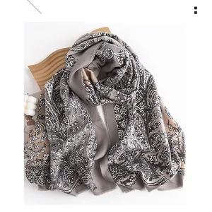Elegant grey and beige paisley printed imitation cashmere scarf for women in autumn winter