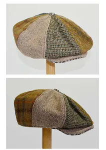 Side views of a retro patchwork Harris Tweed beret showing textured wool fabric details.