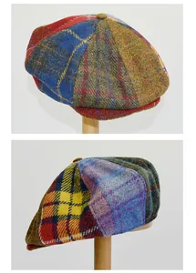 Close-up of the vintage multi-colored patchwork Harris Tweed wool newsboy cap panels.